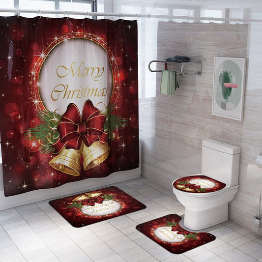 Christmas Printed Shower Curtain and Toilet Lid Cover and Bath Mat and Bathroom Rug Set Style 4
