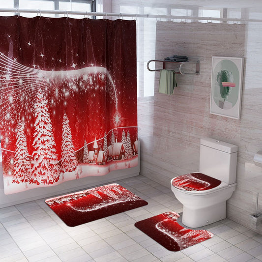 Christmas Printed Shower Curtain and Toilet Lid Cover and Bath Mat and Bathroom Rug Set Style 5