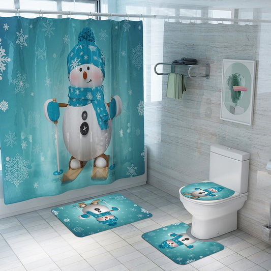 Christmas Printed Shower Curtain and Toilet Lid Cover and Bath Mat and Bathroom Rug Set Style 6