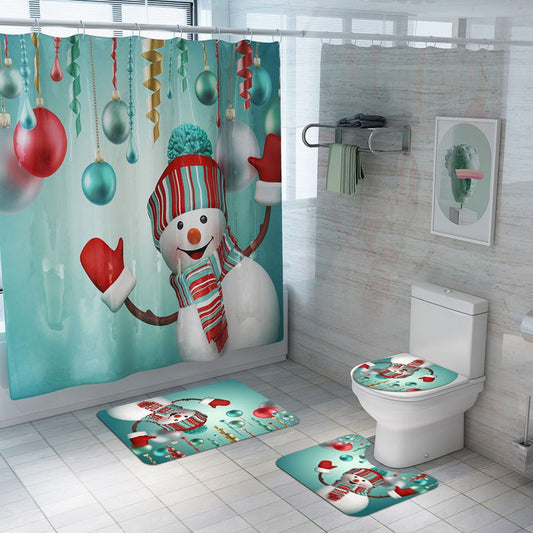 Christmas Printed Shower Curtain and Toilet Lid Cover and Bath Mat and Bathroom Rug Set Style 7