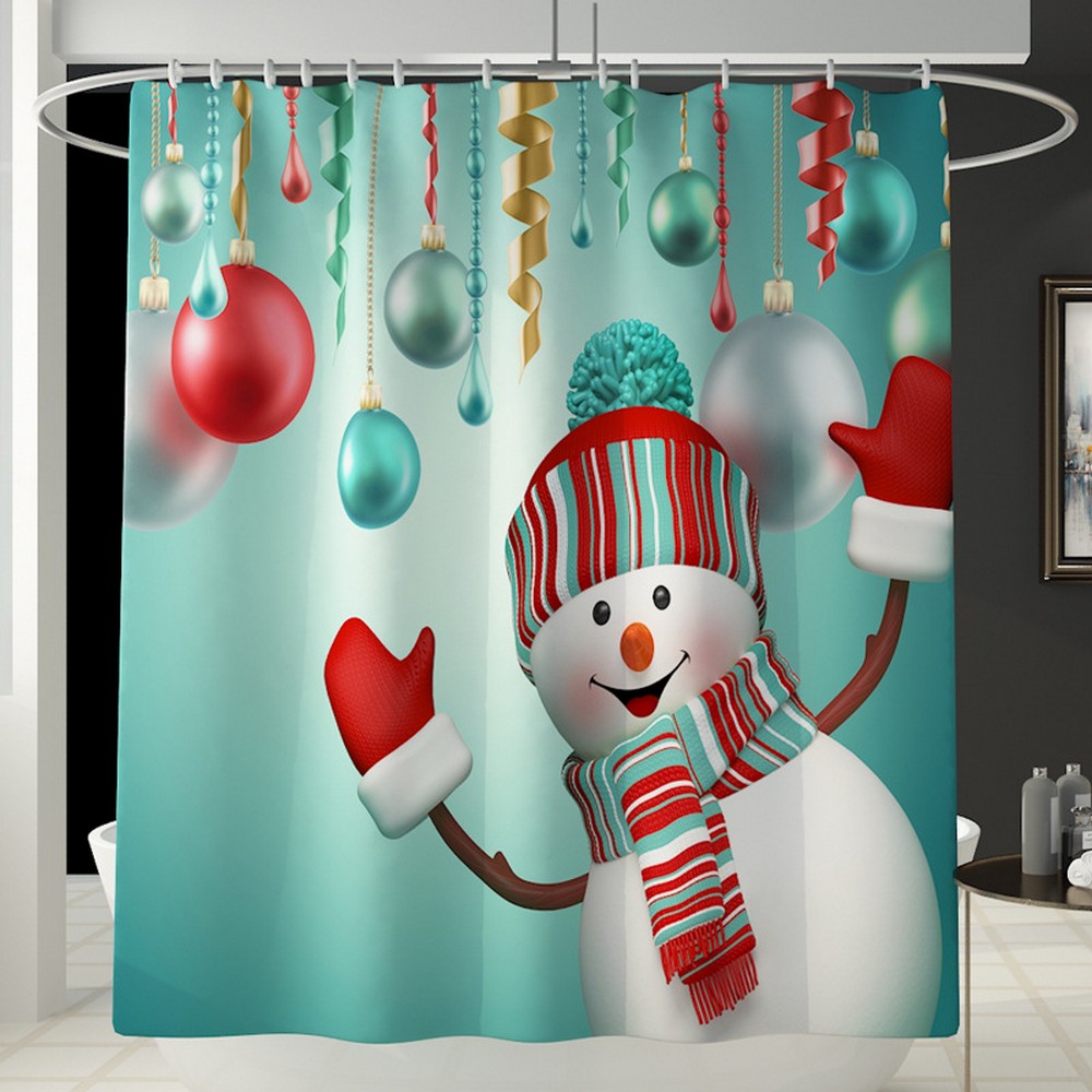 Christmas Printed Shower Curtain and Toilet Lid Cover and Bath Mat and Bathroom Rug Set Style 7