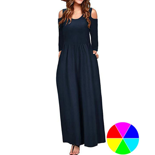 Womens Summer Solid Color Long Sleeve Cold Shoulder Maxi Dress with Pocket
