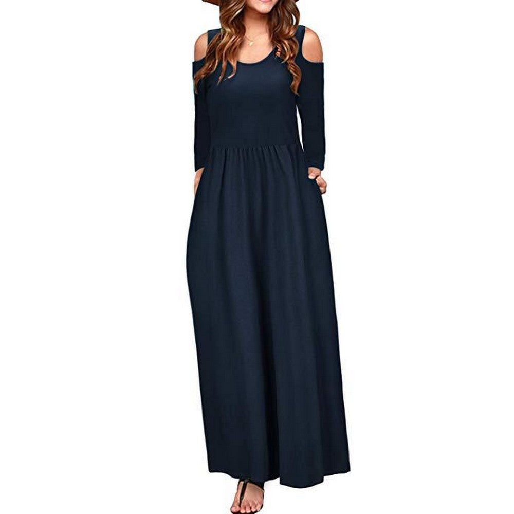 Womens Summer Solid Color Long Sleeve Cold Shoulder Maxi Dress with Pocket