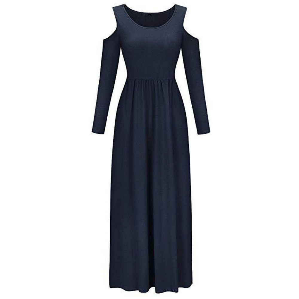 Womens Summer Solid Color Long Sleeve Cold Shoulder Maxi Dress with Pocket