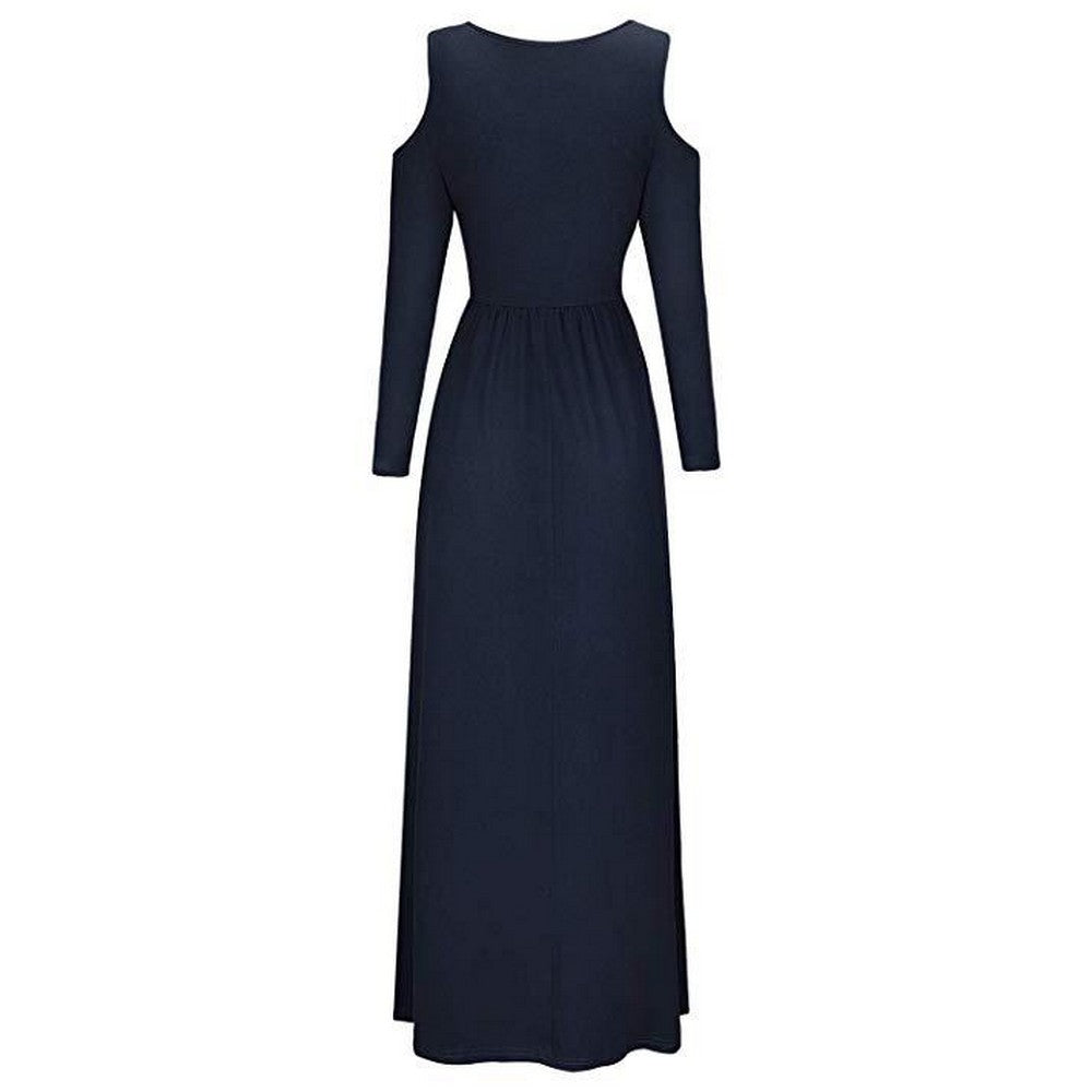 Womens Summer Solid Color Long Sleeve Cold Shoulder Maxi Dress with Pocket