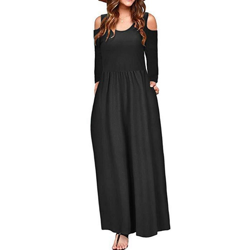 Womens Summer Solid Color Long Sleeve Cold Shoulder Maxi Dress with Pocket
