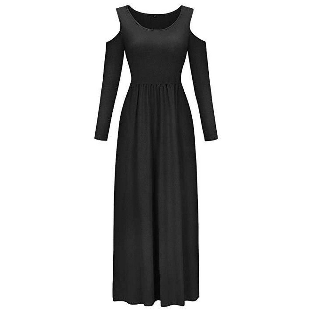Womens Summer Solid Color Long Sleeve Cold Shoulder Maxi Dress with Pocket