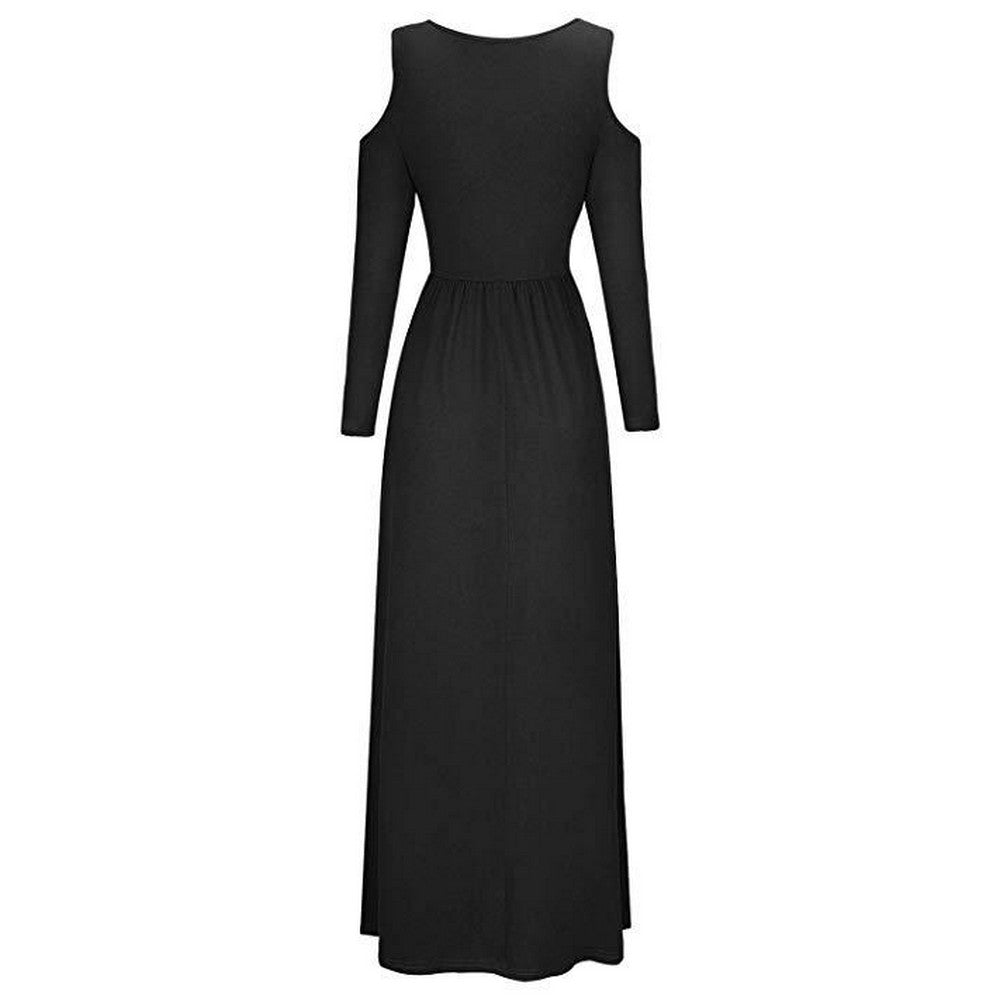 Womens Summer Solid Color Long Sleeve Cold Shoulder Maxi Dress with Pocket
