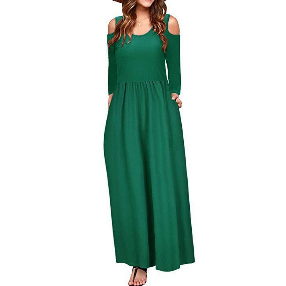 Womens Summer Solid Color Long Sleeve Cold Shoulder Maxi Dress with Pocket