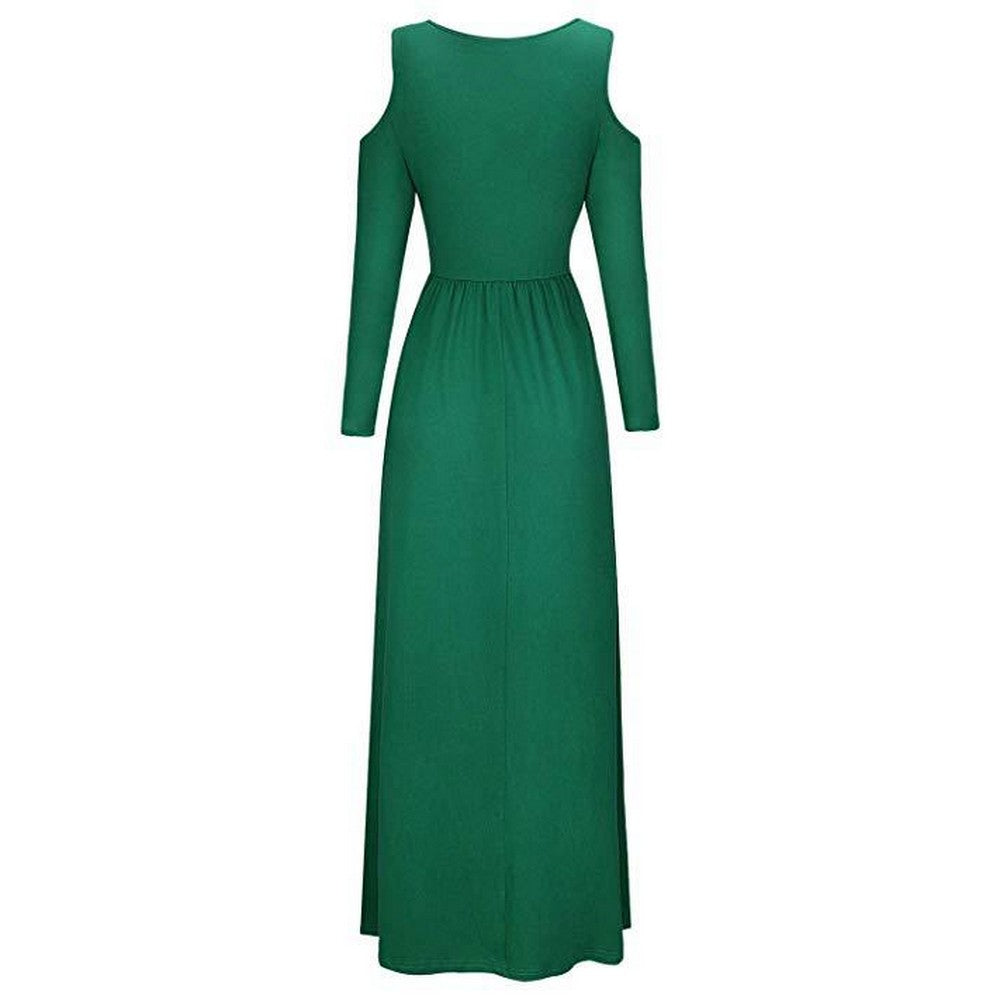 Womens Summer Solid Color Long Sleeve Cold Shoulder Maxi Dress with Pocket