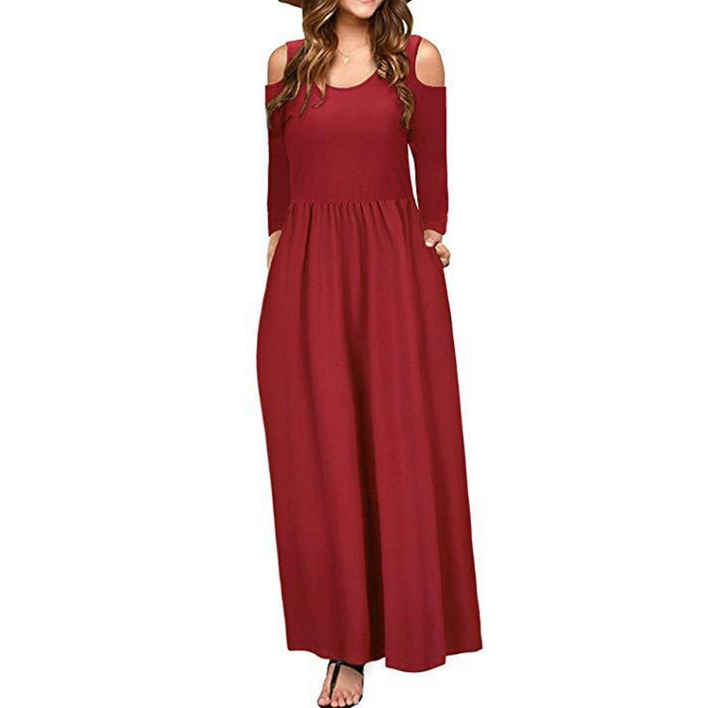 Womens Summer Solid Color Long Sleeve Cold Shoulder Maxi Dress with Pocket