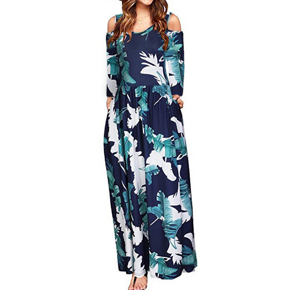 Womens Summer Full Floral Printed Long Sleeve Cold Shoulder Maxi Dress with Pocket Blue