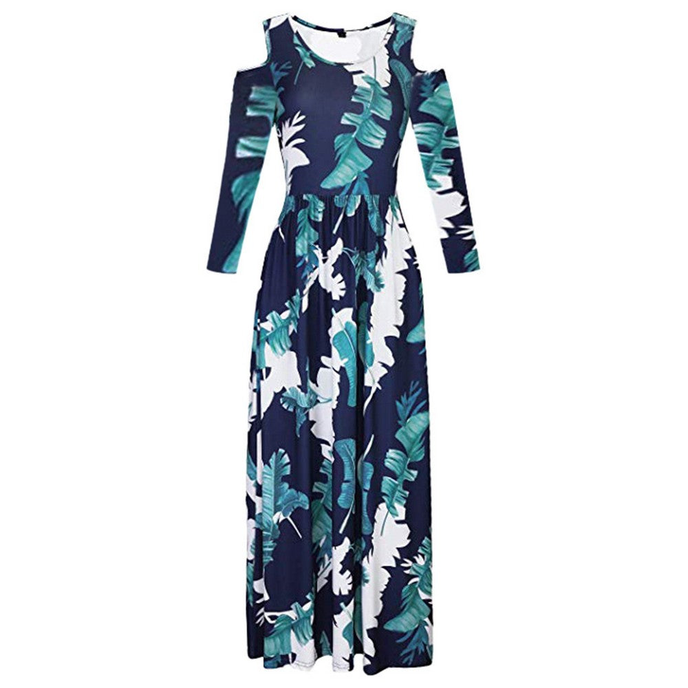 Womens Summer Full Floral Printed Long Sleeve Cold Shoulder Maxi Dress with Pocket Blue