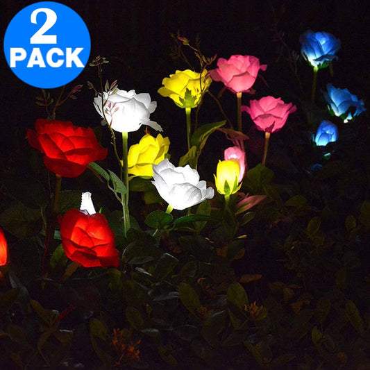 2 X 3LED 3Heads Solar Powered Garden Decorations Lights Simulation Rose Flower Decoration Lamp for Backyard Garden