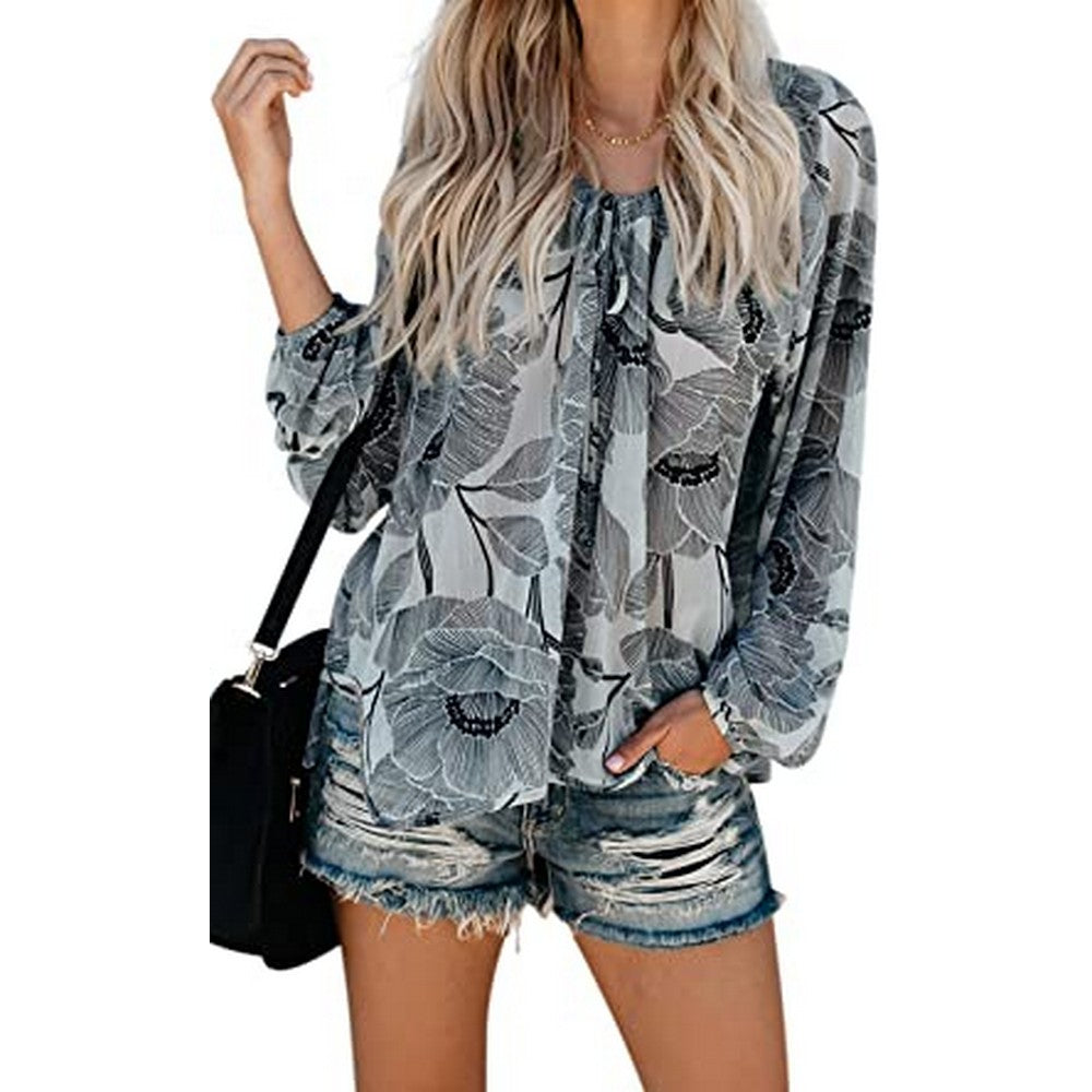 Womens Casual Boho Floral Print V Neck Long Sleeve Shirts Tops Loose Blouses Style 2