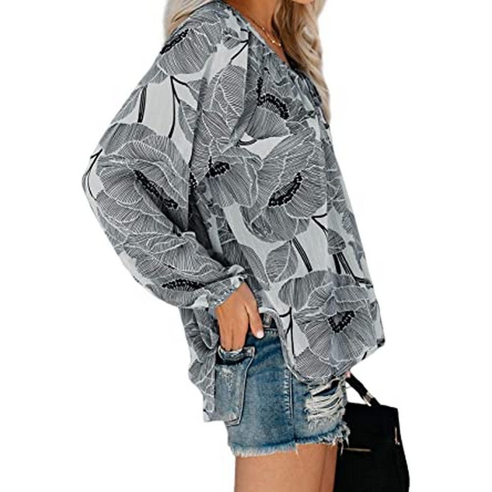 Womens Casual Boho Floral Print V Neck Long Sleeve Shirts Tops Loose Blouses Style 2
