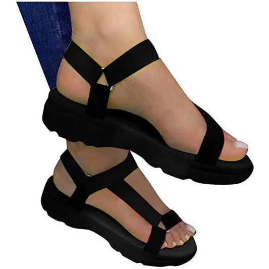 Womens Summer Platform Sandals Ankle Strap Open Toe Strappy Sandals Beach Shoes Black