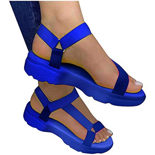 Womens Summer Platform Sandals Ankle Strap Open Toe Strappy Sandals Beach Shoes Blue