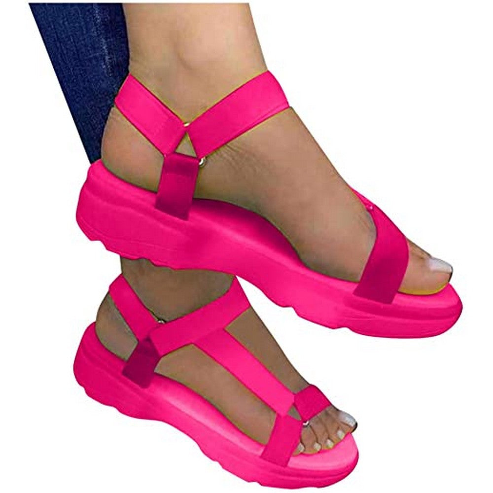 Womens Summer Platform Sandals Ankle Strap Open Toe Strappy Sandals Beach Shoes Rose Red