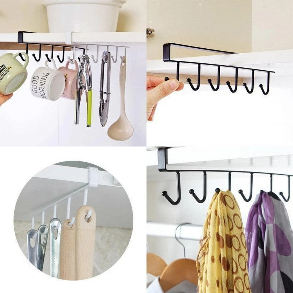 2 X Kitchen Under Cabinet Hanger Rack Mugs Shelf with 6 Hooks