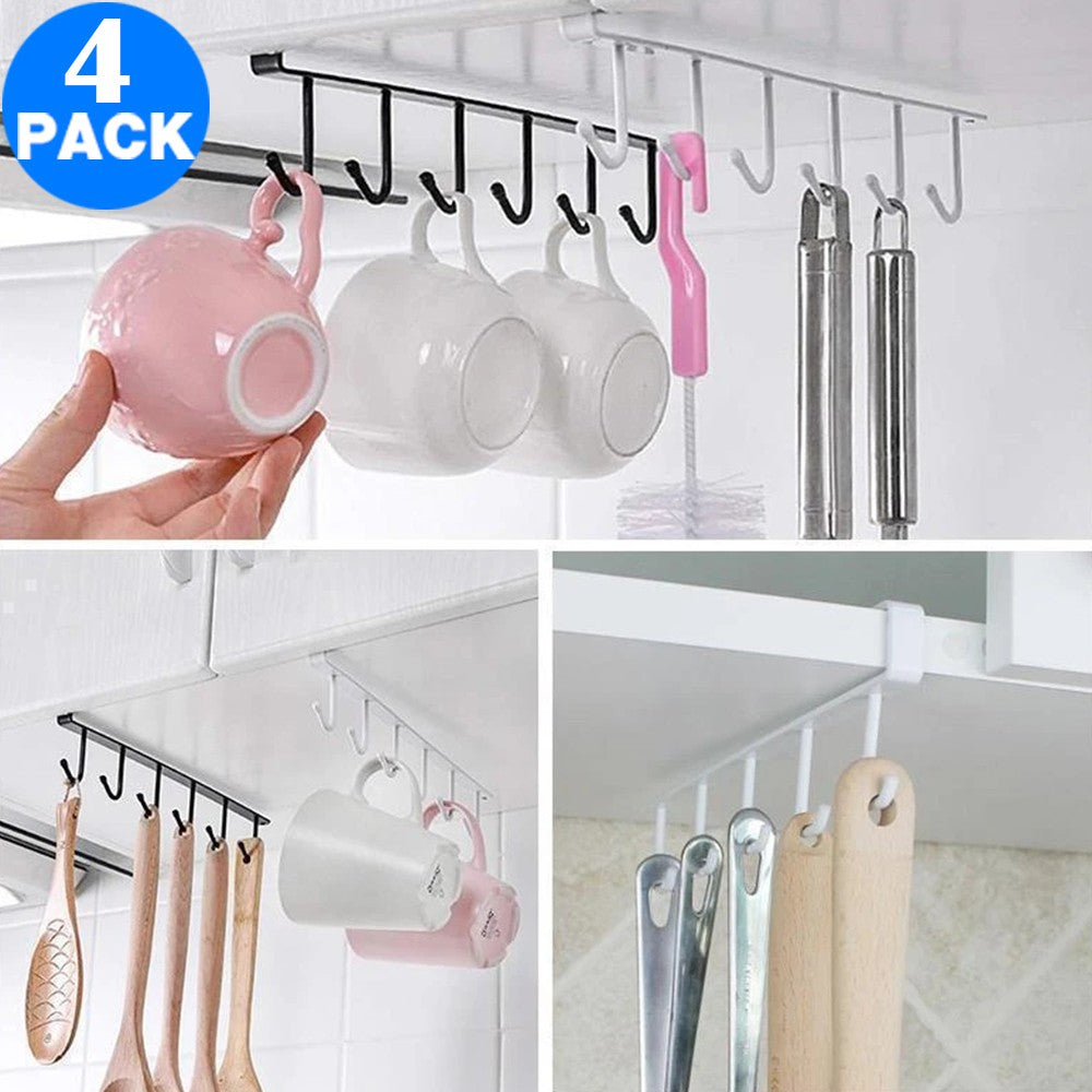 4 X Kitchen Under Cabinet Hanger Rack Mugs Shelf with 6 Hooks