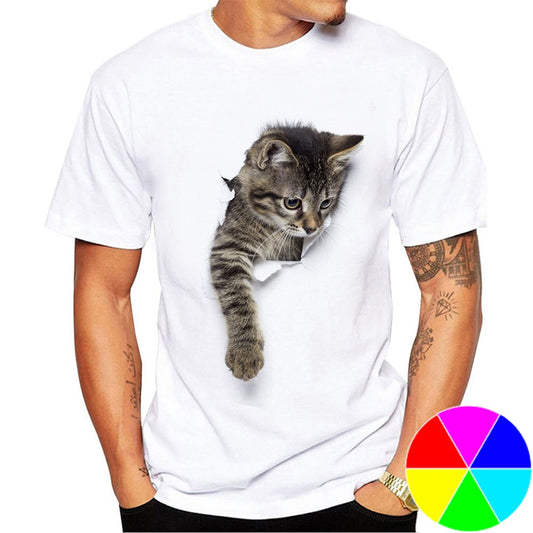 Men 3D Cat Print Tee Cute Round Neck Short Sleeve T Shirt