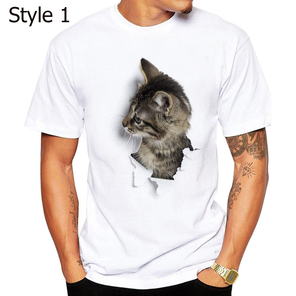 Men 3D Cat Print Tee Cute Round Neck Short Sleeve T Shirt