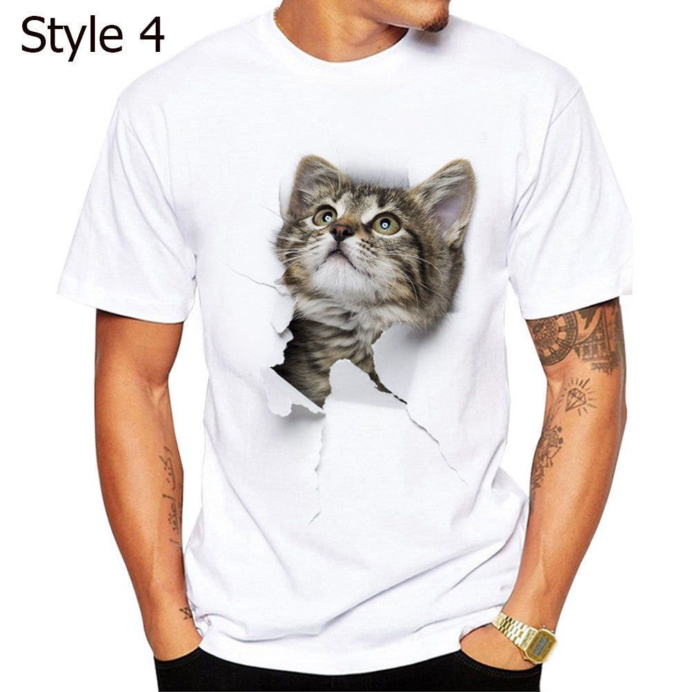 Men 3D Cat Print Tee Cute Round Neck Short Sleeve T Shirt