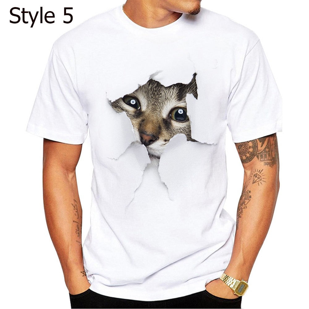 Men 3D Cat Print Tee Cute Round Neck Short Sleeve T Shirt