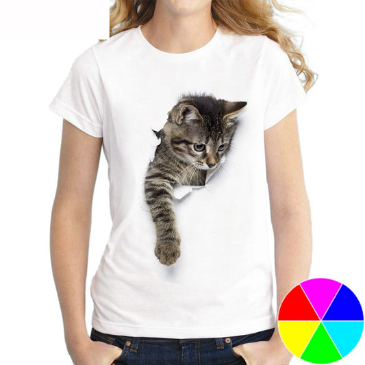 Women 3D Cat Print Tee Cute Round Neck Short Sleeve T Shirt