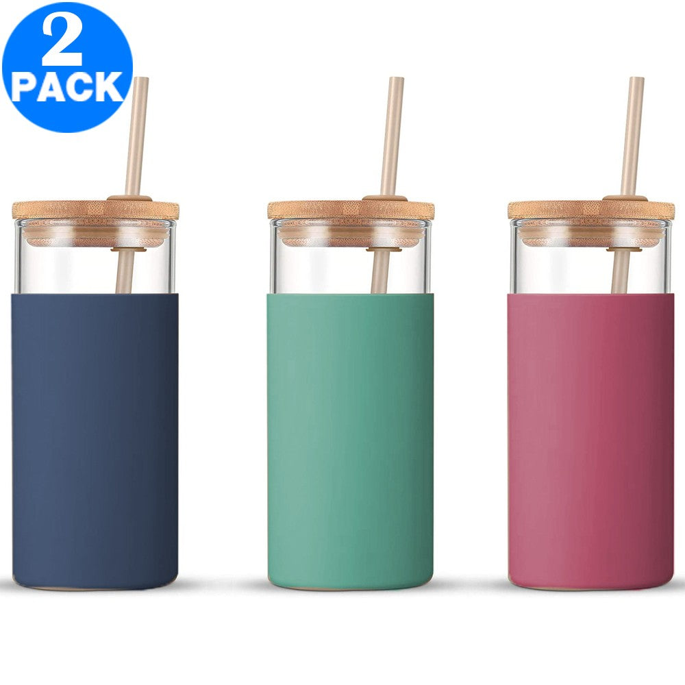 2 X Glass Tumbler Glass Water Bottle with Silicone Protective Sleeve Straw and Lid