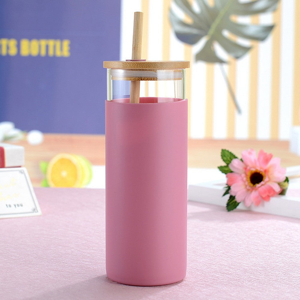 2 X Glass Tumbler Glass Water Bottle with Silicone Protective Sleeve Straw and Lid