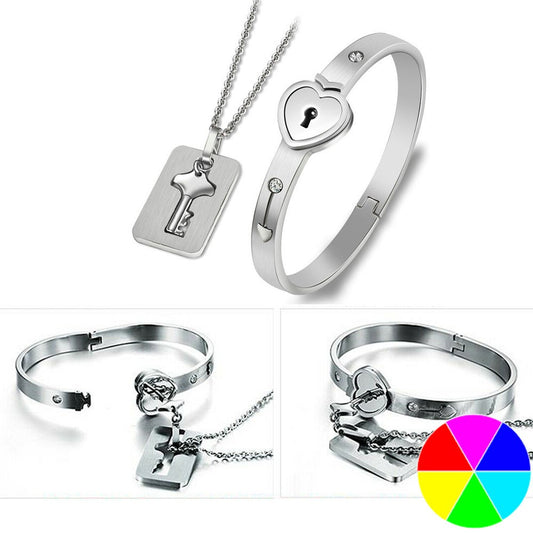 Lock Bracelet and Key Necklace His and Hers Matching Couple Jewelry Pendant Necklace Chain for Valentines Day Birthday Propose Wedding Anniversary