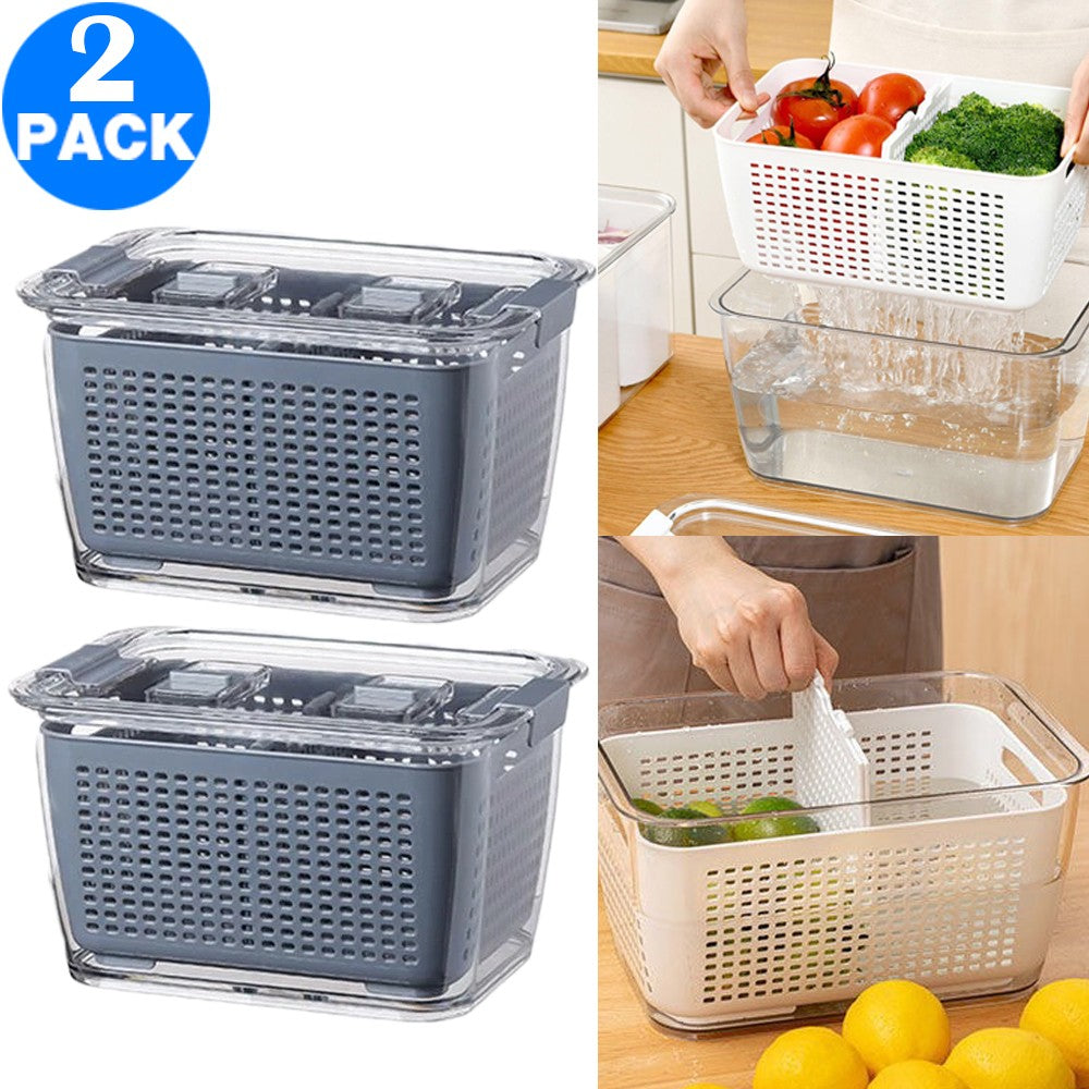 2 Pack 3 In 1 Home Multifunctional Storage Box Fruit Vegetable Container Kitchen Drain Basket with Lid Medium