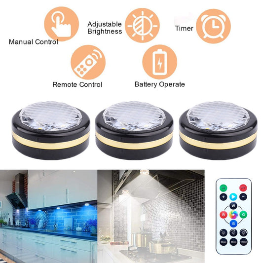 3 Pieces Wireless LED Puck Lights Multicolour Battery Operated Closet Light Cabinet Lamp Puck Light with 1 Remote Control