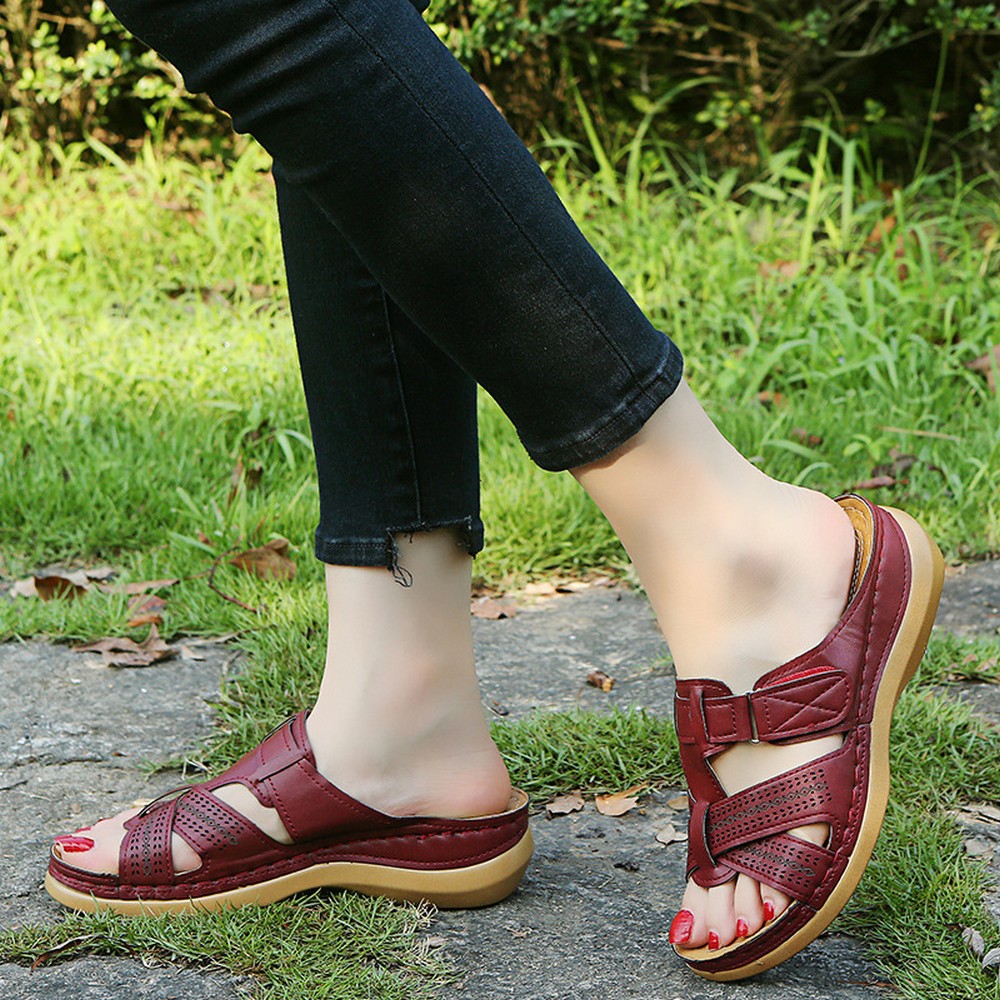 Women Summer Sandal Slip On Shoes Wine Red