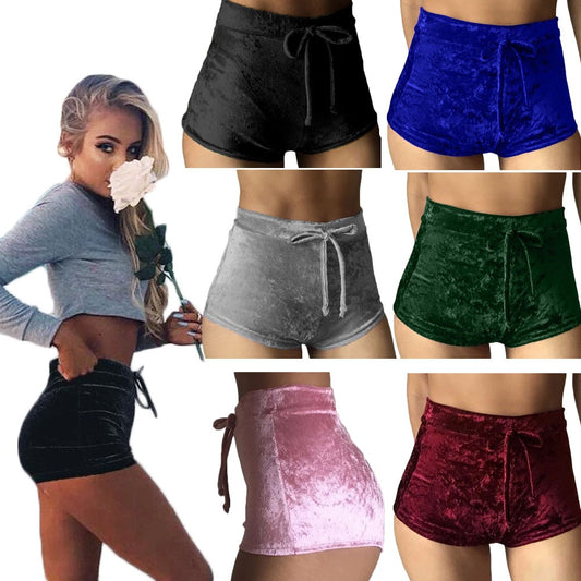 Women High Waist Drawstring Velvet Shorts