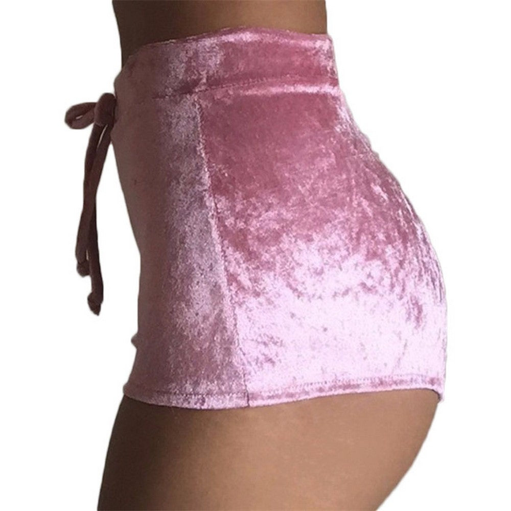 2 X Women High Waist Drawstring Velvet Shorts
