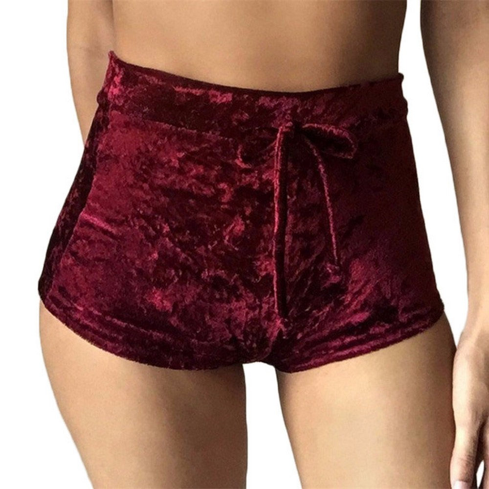 2 X Women High Waist Drawstring Velvet Shorts