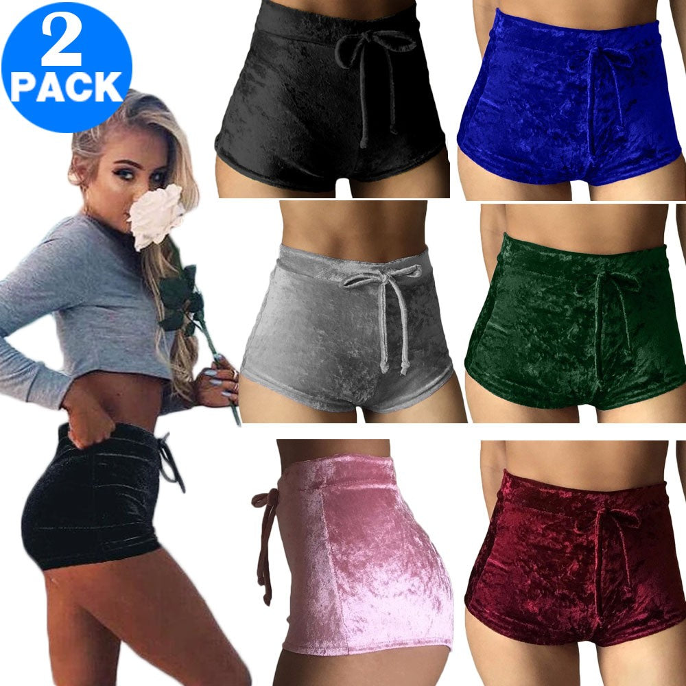 2 X Women High Waist Drawstring Velvet Shorts