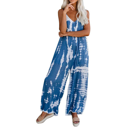 Women's Loose Dye Sleeveless Spaghetti Straps Jumpsuit Wide Leg Pants Rompers