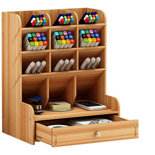 12 Compartments Wooden Desk Organizer DIY Pen Holder Box Storage Rack with Drawer