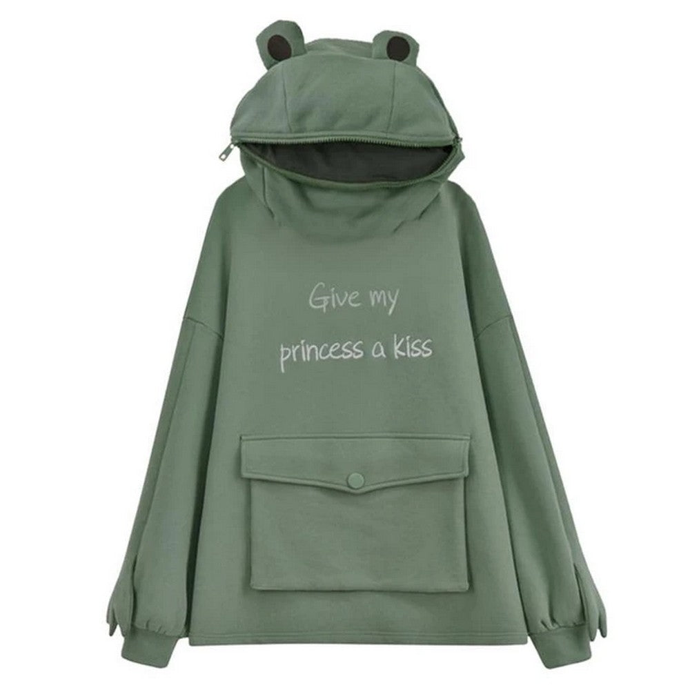 Cute Frog GIVE MY PRINCESS A KISS Letter Pullover Oversized Loose Hoodie with Front Envelope Pocket