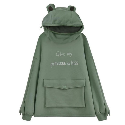 Cute Frog GIVE MY PRINCESS A KISS Letter Pullover Oversized Loose Hoodie with Front Envelope Pocket