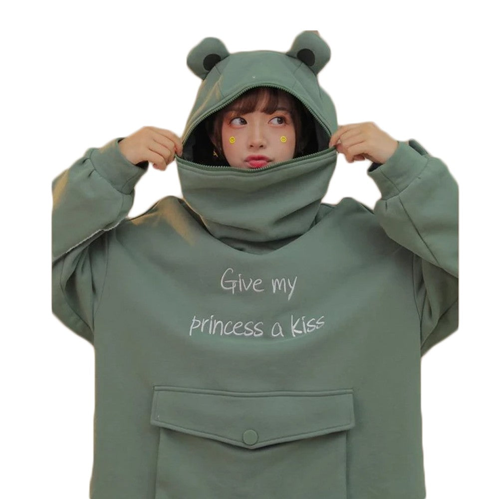 Cute Frog GIVE MY PRINCESS A KISS Letter Pullover Oversized Loose Hoodie with Front Envelope Pocket