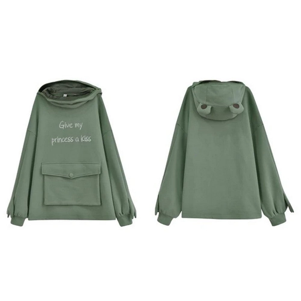 Cute Frog GIVE MY PRINCESS A KISS Letter Pullover Oversized Loose Hoodie with Front Envelope Pocket