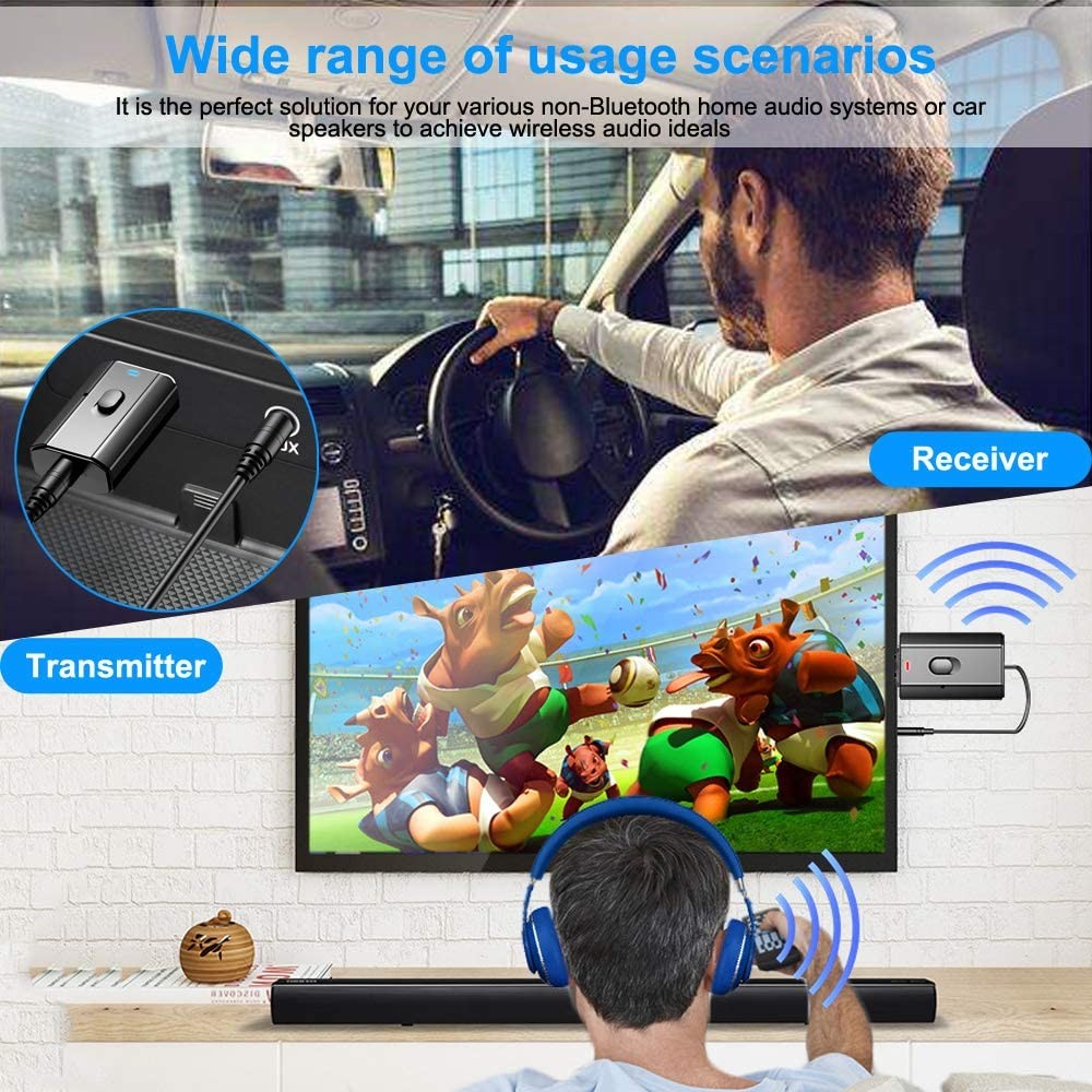 2 Pack 2 Modes Car Bluetooth Adapter Home Speaker Bluetooth Transmitter Receiver with 3.5mm Aux Jack Stereo Cable