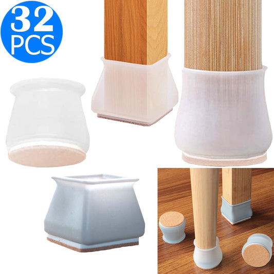 32 Pieces Furniture Chair Leg Caps Floor Protector Silicone Protection Cover with Felt Pad