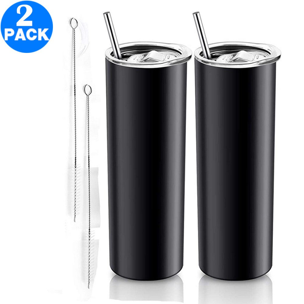 2 Pack 20 OZ Skinny Stainless Steel Tumbler Double Wall Slim Insulated Tumbler with Lid and Straw and Brush
