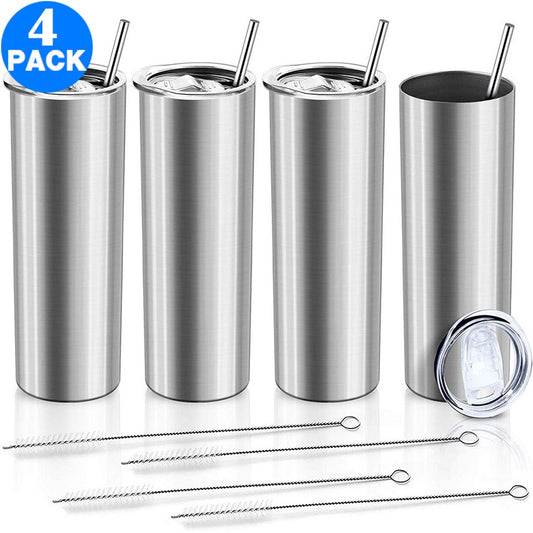 4 Pack 20 OZ Skinny Stainless Steel Tumbler Double Wall Slim Insulated Tumbler with Lid and Straw and Brush